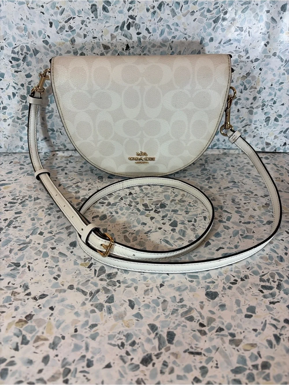 Coach Cream Signature Half-Moon Crossbody with Gold Hardware